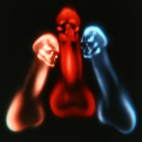 a pair of blue and red skulls on a black background