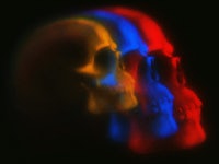 three skulls in blue, red, and yellow light